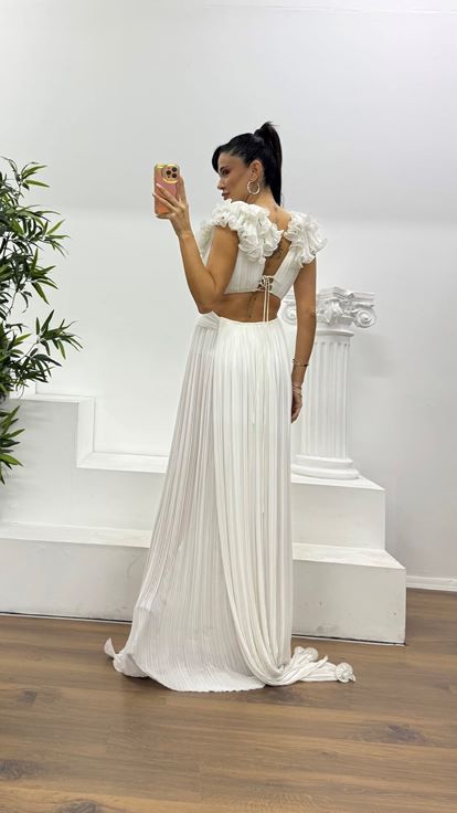 White Pleated Cross Waist Detail Special Design Evening Dress